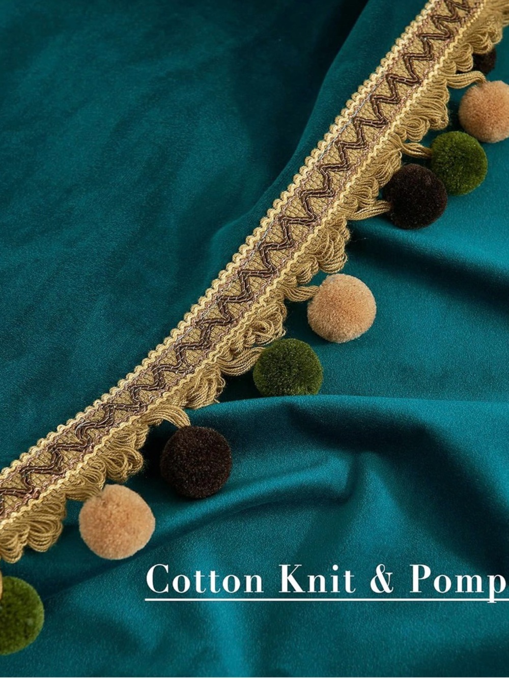 2 Panels Teal Velvet Window 96 “ Curtains with Gold Trim and Pom-Pom Accents - Picture 8 of 9